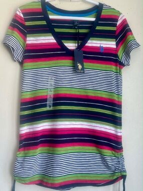 U.S. Polo Assn. Multicolor Striped V-Neck Tee in Navy, Pink, Green, White